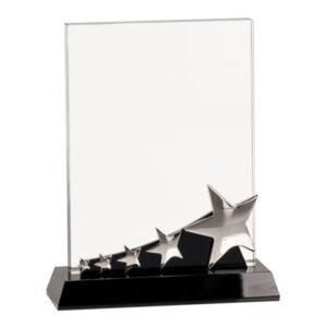 8″ Rectangle Crystal with Silver Stars on Black Pedestal Base