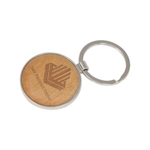 1 5/8″ Silver/Wood Laserable Round Keychain